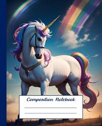 Composition Notebook: Cute Rainbow Unicorn Face Pink Gold Wide Ruled Primary Copy Book, Soft Cover Girls Kids Elementary School Supplies Student Teacher Daily Creative Writing Journal, 100 Pages