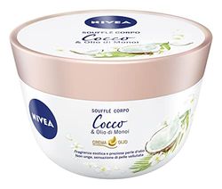 NIVEA Soufflé Corpo Cocco & Olio di Monoi in confezione da 3 x 200 ml, Crema idratante dalla texture leggera, Crema corpo arricchita da un'esotica fragranza al Cocco