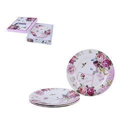 London Boutique Side Plate Set di 4 Piatti da Torta in Porcellana fine con Bordo Largo Shabby Chic, Farfalla, Uccello Rosa Far