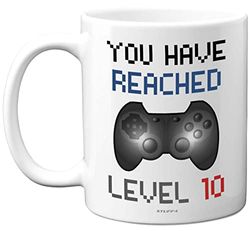 10th Birthday Gamer Gift - Level 10 Gamer Mug, 10th Birthday Gifts, Dishwasher Safe Coffee Mugs Cup, for Boys or Girls, Retro Video Game, Novelty Gaming for Him or Her