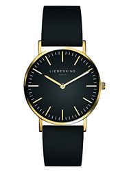 Liebeskind Berlin Relógio de pulso analógico de quartzo com pulseira de couro, Preto/Dourado, Moderno