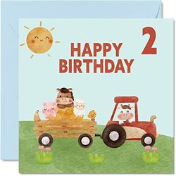 2nd Birthday Card Boy - Farmyard Farm Animals - Happy Birthday Card 2 Year Old Boy Girl, Girls Boys Birthday Cards for Him Her, 145mm x 145mm Greeting Card for Son Nephew Grandson Kid Children