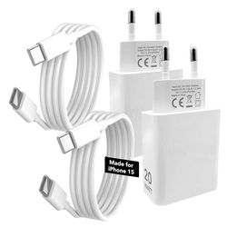 4 stuks oplader voor iPhone 15 Pro, Max, met kabel type C, Phonix Italië, 2 AC-adapters voor iPhone 15, snel 20 W en 2 USB-C oplaadkabels