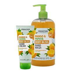 Body Bliss Mango & Papaya Hand Care Duo (100ml Hand Cream & 500ml Hand Wash) - Waken your Senses & Kick Start your Day. Cruelty Free. Vegan Friendly. Made with 90% Naturally Derived Ingredients