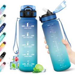 KollyKolla Botella de Agua 1L, con Pajita, Botella Reutilizable, Botella Gimnasio con Marca de Tiempo, sin BPA, Botella Motivacional, Botella Agua para Deporte, Oficina, Escuela, Bicicleta, Running