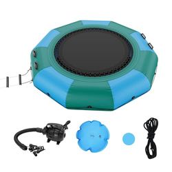 VEVOR Opblaasbare watertrampoline, opblaasbare watertrampoline, 310 x 60 cm, draagbaar zwemplatform met ladder en elektrische luchtpomp, voor kinderen, zwembad, blauw en groen