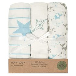 Duffi Baby - Confezione da 3 garze Bebe Bambu stampate. Set tre garze per neonati rettangolari 55 x 70 cm. Coperta estiva per bebè 100% bambù morbido. Asciugamani neonato neonato. Colore: blu. 0787-12
