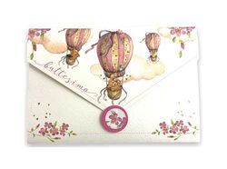 LINA OFFICINE GRAFICHE CREATIVE Tarjeta de felicitación para bautizo de niña, regalo de bautizo para niña, con bolsa de dinero, etiqueta de cierre de sobre, 11 x 16 cm (globo - rosa) 96-403