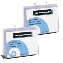 TUKA-i-AKUT [2x] A4 Tafel Flipover van Acryl met Voet, 12 PVC Transparante Hoezen voor Dubbelzijdige Display, Liggend Presentatie Teken Poster Houder Counter Weergave Flipchart, TKD8210-A4-2x