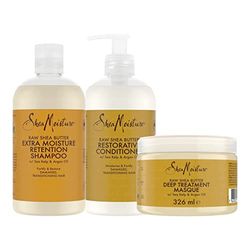 SHEA MOISTURE Shampooing Hydratant et Fortifiant Beurre de Karité Brut, pour cheveux abîmés et en transition+ Shea Moisture Après-Shampooing Femme Hydratant+ Shea Moisture Masque intense au beurre