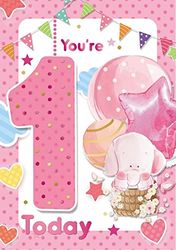 Express Yourself - Tarjeta de cumpleaños para niña de 1 año, incluye sobre, diseño de elefante y globos en fuente rosa, 137 x 195 mm