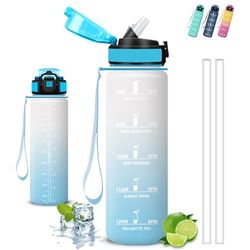 Drinkfles, 1 liter, drinkfles met rietje, lekvrij, motiverende drinkfles, gemakkelijk te reinigen, wandelfles, met motiverende slogan, waterfles voor fitness, wandelen, kamperen