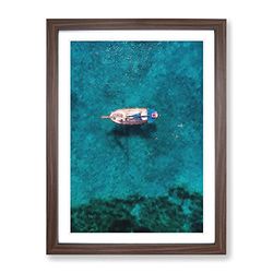 Boat And Swimmers In Cyprus Painting Modern Framed Wall Art Print, Ready to Hang Picture for Living Room Bedroom Home Office Décor, Walnut A3 (34 x 46 cm)
