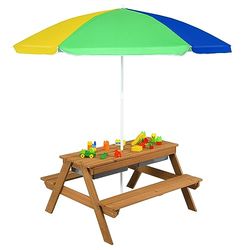 FANTASK Table de Pique-Nique 3 en 1 en Bois pour Enfant avec Parasol et bancs, Groupe de sièges pour Enfants avec Plateau Amovible et 2 boîtes de Jeu, Jaune