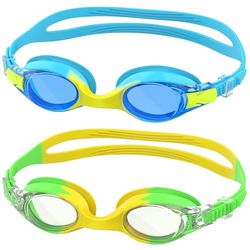 Ambienden 2 Pcs Occhiali Nuoto Bambini, Anti-Fog con Visione Chiara, Protezione UV, Guarnizione in Silicone, Piccolo Telaio Occhiali da Nuoto Unisex per Bambini da 6 a 14 anni, Blue＆Yellow-Green