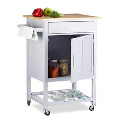 Relaxdays Kitchen Cart with Wine Rack, Beautiful Countertop, Drawer, Door, 360° Casters, Wooden, Wood, Grey, HWD: 90x63.5x49.5 cm