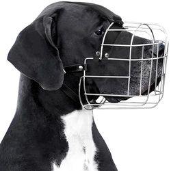 BRONZEDOG Muselière Chien Réglable en Fil Métallique Durable pour Grands Chiens, Sangles en Cuir, Respirant, Permet de Boire, Entraînement, Empêche Les Morsures (Dogue Allemand, Acier Inoxydable)