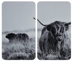 WENKO Cubiertas de cocina universal «Highland Cattle», juego de 2 cubiertas para todo tipo de cocinas, vidrio templado, en color gris, 5.5 x 52 x 30 cm