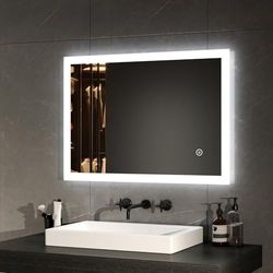 EMKE Specchio da bagno, specchio a LED, 70 x 50 cm, specchio da bagno rettangolare con interruttore tattile, anti-appannamento, luce bianca fredda