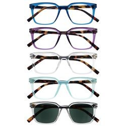 OPULIZE KOI Set di 5 Occhiali da Lettura con Lente da Sole - Rettangolare - Nero-Viola-Trasparente-Aqua - Unisex - Cerniere a Molla - RRRRS50-35CQC - +3.00