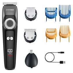 BarberBoss Set di toelettatura da uomo tutto in uno, rasoio per barba e capelli senza fili, con tagliaorecchie e naso, tagliaorecchie ricaricabile, per viso e corpo, impermeabile, ricarica USB