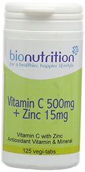 Bio Nutrition Vitamin C 500mg + Zinc 15mg : Antioxidant and Immune Vitamin and Mineral Combination : 125 Vegi Tablets
