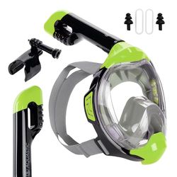 AQUASTIC Kai Masque de Plongée avec Tuba Taille L/XL Vision Complète 180° Système de Circulation d'air Collier Inférieur en Silicone Valve Anti-Vapeur Vitre en Polycarbonate Couleur Vert