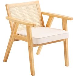 VEVOR Rattan Chair, Mid Century Modern Dining Chair with Armrest, Upholstered Chair with Rattan Back, Retro Rattan Dining Room Kitchen Chair for Living Room, Bedroom, Reading Room, and Office, Beige