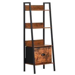 FurnitureR Ladder boekenkast, industriële opbergrek, 4-laags display, open plank met lade voor woonkamer, slaapkamer, kantoor, keuken, tuin, 42,5 x 29 x 110 cm, bruin