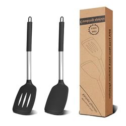 Set di 2 spatole in silicone, per cucina in silicone, resistente al calore, in plastica, senza BPA, in silicone, per cucina e cucina, colore: nero