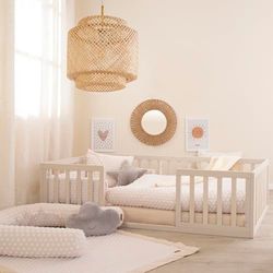roba Lit Montessori au Sol 70 x 140 cm pour Enfants - Avec Sommier à Lattes et Protection Antichute - Concept de Sommeil Proche du Sol pour Tout-Petits - Stone Washed