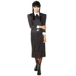 Rubies Woensdag Addams kostuum voor dames, bedrukte zwarte jurk, officiële avondjurk, Halloween, carnaval, feest en cosplay