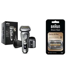 Braun Series 9 Pro Electric Shaver with 4+1 Head, ProLift Trimmer, 5-in-1 SmartCare Center & Leather Travel Case, 9467cc, Silver Razor & Series 9 Electric Shaver Replacement Head, 94M, Silver