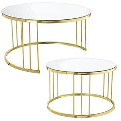 DRW Set van 2 ronde salontafels van metaal en spiegel in goud, 90 x 50 cm en 72 x 45 cm