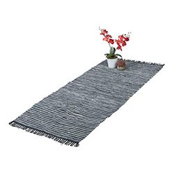 Relaxdays Tapis tissé, 80x 200 cm, Coton et Cuir, Descente de lit à Franges, antidérapant, natte décorative, Gris