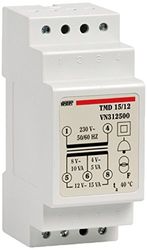 VEMER VN312500 TMD 15/12 Transformador de eletricidade de calha DIN para serviço descontínuo, ideal para campainhas, cioffones, alarmes, portas automáticas, 230 V/4-8-12 V, potência de 15 VA, branco