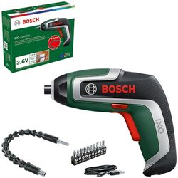 Bosch cacciavite a batteria compatto IXO con set Flexi (avvitamento flessibile; 7ª generazione; 3,6V; 2,0Ah; prolunga flessibile e cavo micro-USB; si piega fino a 180°; 10x bit)