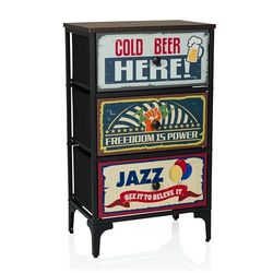 hjh LIVING Commode 3 tiroirs en intissé AMERIKO S 77x30x45 cm, Armoire à tiroirs au Look Vintage avec Motifs, Structure métallique