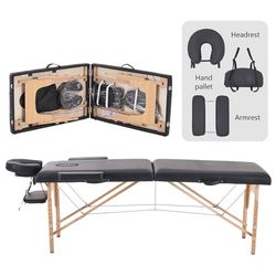 YOUNIKE Professionele opvouwbare massagetafel, 60 cm, breedte, esthetisch, professioneel, hout, verzorgingstafel, tattoo, armleuningbed, massage, tafel, wimpers, draagbaar, 2 secties, zwart