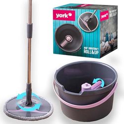 YORK Roll&Up 4072830-001831 - Mocio a secco con secchio, manico telescopico, innovativa funzione strizzatore, piastra pieghevole, copertura per mocio con velcro, per pulire ogni angolo della casa,