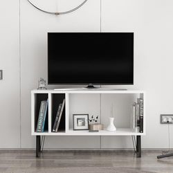 Hanah Home Stijlvolle tv-standaard met wandmontage-optie, wit & antraciet, 90 x 25 x 53 cm, 100% melamine gecoat deelbord, 18 mm dik, meerdere planken voor moderne woonruimtes