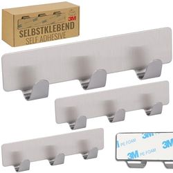 RICOO Ganchos Adhesivos Para Pared, MH020-3, Acero Inoxidable, 12 x 3 x 1,7 cm, Juego de 3, Plateado