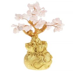 lachineuse - Arbre Feng Shui en Quartz Rose - Arbre de Fortune 17 cm - Décoration Asiatique Japonais - Arbre de Fortune avec Support Doré - Déco Asiatique Pierres Précieuses - Objet Japonais Zen