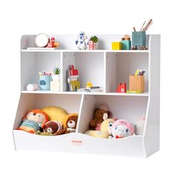 VEVOR Houten kinderopbergkubby, speelgoedopbergorganizer met boekenplank, 5-Cubby houten speelgoedopbergkast, kinderboekenplank voor kinderkamer, speelkamer, kleuterschool, kinderkamer, wit