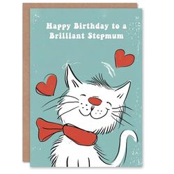 Artery8 Stepmum Happy Birthday Card Happy White Cat In Scarf Drawing Love Hearts For Her Greeting Card
