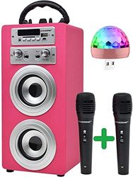 DYNASONIC Máquina de Karaoke Portátil, 2 Micrófonos, Altavoz Bluetooth, Luces, Lector USB y SD (025-Rosa)