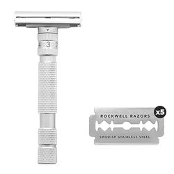 ROCKWELL RAZORS T2 - Maquinilla de afeitar de seguridad de mango largo con ajustes infinitos de afeitado, 5 cuchillas y bolsa de cuero de viaje, color blanco cromado