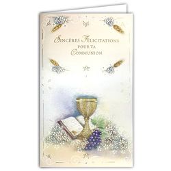 AFIE 19-625 Congratulations Congratulations for Your Communion Gold with White Envelope 19.5 x 12 cm for Christian Communiant Open Bible Chalice Cup Ciborium Wine Grape Wheat