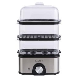 Salter EK5885 3-Tier Food Steamer, Compact Multi-Cooker, 3 Steam Baskets, Electric Egg Cooker with 8-Egg Capacity, Vegetable Steamer, 60-Minute Timer, 3L Capacity, Cook Foods Simultaneously, 500W