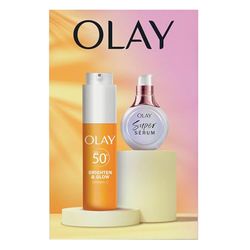 Olay Brighten & Glow Skincare Gift Set: Vitamin C Moisturiser Fluid with SPF50+ 50ml & Super Serum Mini with Niacinamide, Vitamin C, Collagen Peptide 14ml